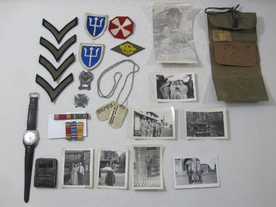 Lot of WW2 Memorabilia includes Army Sharpshooter and Army Expert Qualification Badges, Dog Tags and