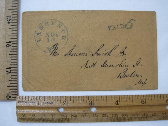 Stampless Cover Lawrence MS - Boston MS, Nov 16, Blue Paid 5
