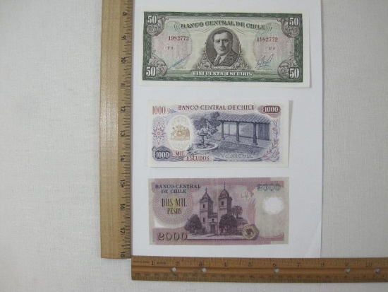 Three Chilean Currency Notes, Banco Central De Chile assorted values