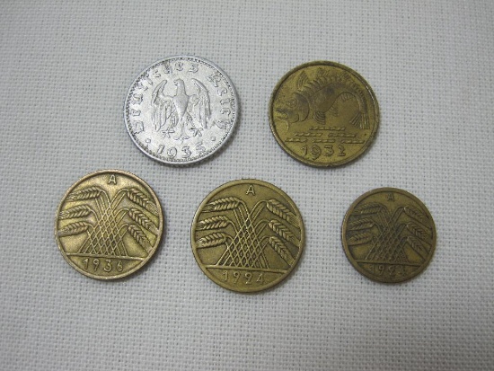 Five German Coins includes 1924 5 pfennig and 10 Pfennig, 1932 10 Pfennig Danzig, 1935 50 Pfennig,