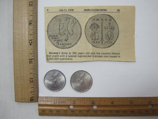 Two Norway 1978 Cupronickel Five Kroner coins, 350th Year of Norway's Army, with World Coin News
