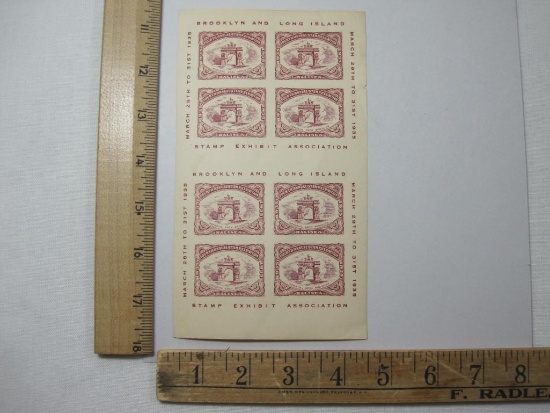 Uncut Sheet of two Brooklyn and Long Island Stamp Association 1935 Exhibit Poster Stamps, deep red