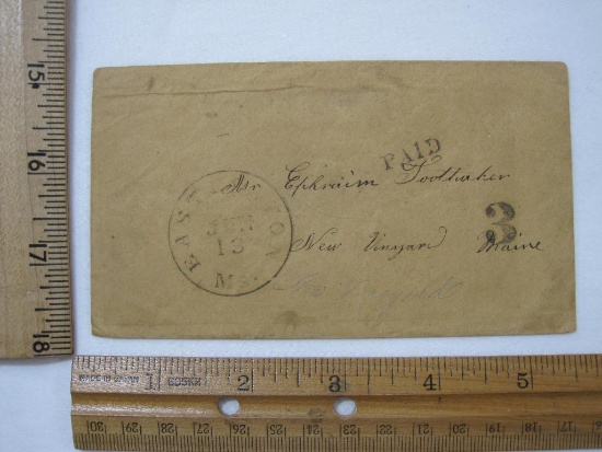Stampless Cover East Boston Ms - New Vineyard ME, June 13, Black Paid 3