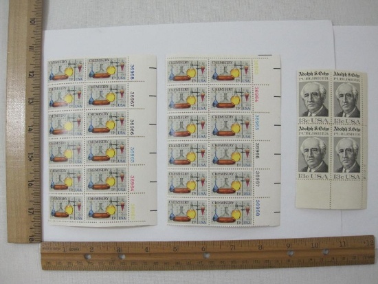 Three Blocks of Postage Stamps including 2 Chemistry 13 cent #1685, 1 Adolph S Ochs 13 cent #1700,