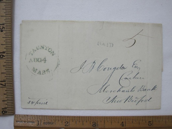 Stampless Cover Taunton MASS - New Bedford MASS, Aug 4, Blue Paid 5 MS