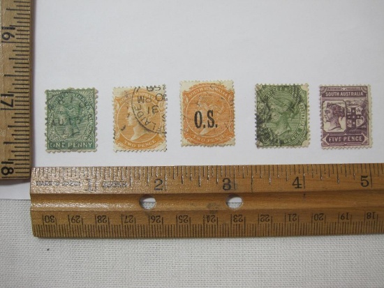 South Australia Stamps, 5 pcs includes One Penny, Five Pence, Postage and Revenue Three Pence and
