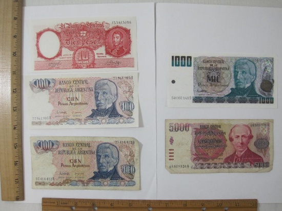Banco Central De La Republica Argentina Currency, 5 Notes, Assorted Dates