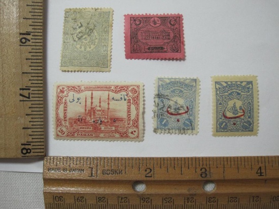 Five Turkish Postage Stamps includes Postes Ottomanes, Piastre and others, cancelled
