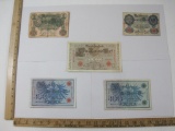 Five Germany Reichsbanknotes includes 1907 Zwanzig Mart, Two 1908 Ein Hundert Mark, 1910 Funfzig