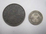 Two Foreign Hong Kong Coins: 1900 10 Cents (80% silver) and 1905 One Cent