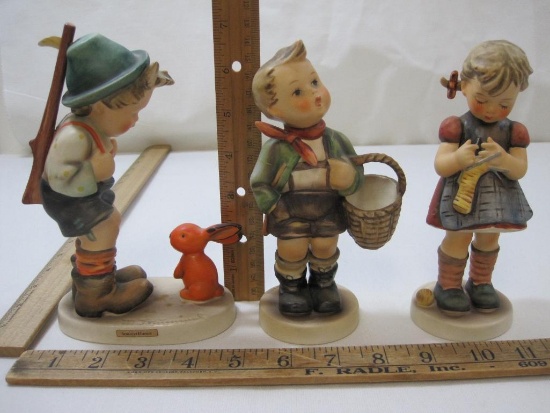 Three Hummel Figurines, Hunting Boy with Rabbit, Boy with Basket and Knitting Girl