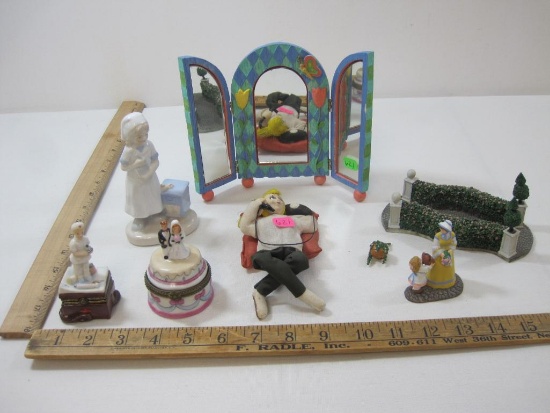 Trinket Assortment includes Russ Sunshine Seranade Mirror, Wedding Cake Box, Standing Nurse Figurine