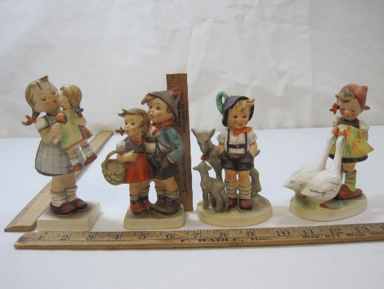 Four Hummel Figurines, Girl with Doll, Shepard Boy with Lambsm Girl with Geese and Kids with Basket