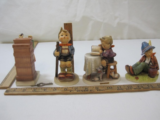 Four Hummel Figures, Boy with Chimney Coin Bank with key, Hiking Boy and more