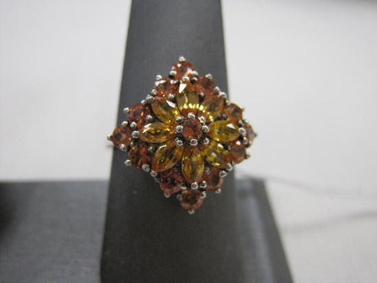 Beautiful Silver and Amber Color Gemstone Ring, .925 Silver, Size 8.75