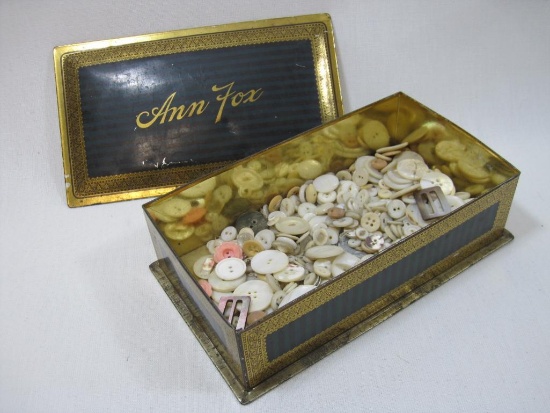 Vintage Metal Ann Fox Trinket Box of Assorted Buttons, including many mother of pearl