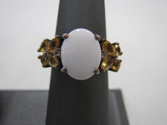 Sterling Ring with Pale Cabochon and Amber Color Accent Gemstones, Size 6.5