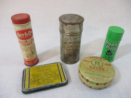 Five Vintage Tins: Herb-Ox, Smith's Rose Bud Salve, Watkins Aspirin Tablets and more, 4 oz