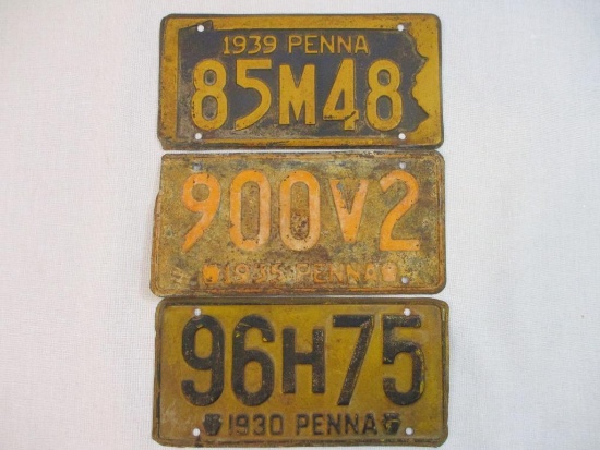 Three 1930s Pennsylvania Metal Embossed License Plates: 1930 96H75, 1935 900V2 and 1939 85M48, 1 lb