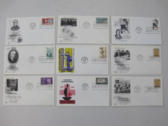Nine First Day Covers 1963 includes Eleanor Roosevelt 1884-1962, Centennial International Red Cross,