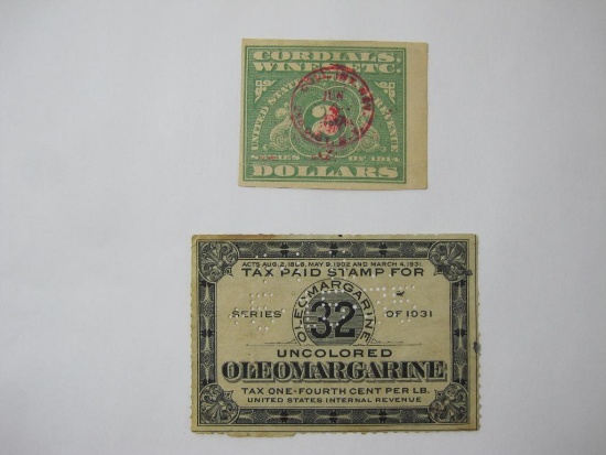 Tax Paid Stamp for Uncolored Oleomargarine, Series of 1931 with Revenue Stamp 2 Dollars Cordials