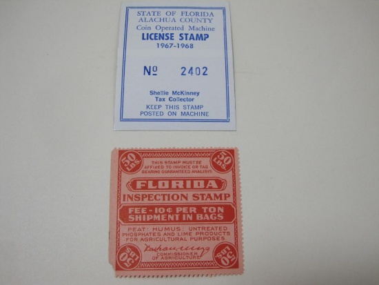 Two Florida Tax Stamps, Coin-Op Machine and 50lbs of Peat Humus, hinged