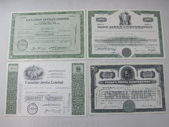 Stock Certificates including Canadian Javelin Limited, Phelps Dodge Corporation, Glen Alden