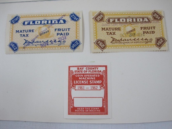 Three Florida Tax Stamps, Two Mature Fruit Tax Paid and a Coin Operated Machine Stamp, hinged