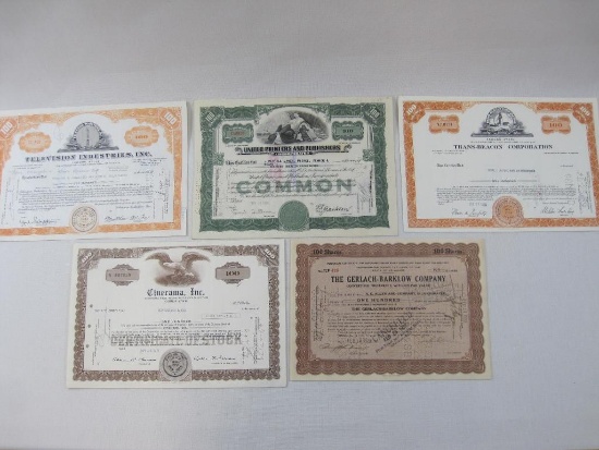 Stock Certificates includes The Gerlach-Barklow Company dated 1929, Cinerama Inc, Television