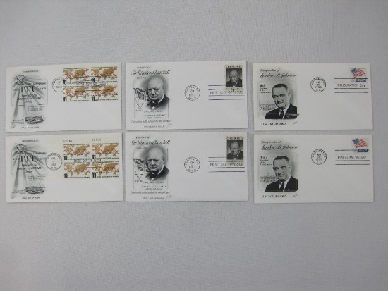 Six First Day Covers 1965 including Inauguration of Lyndon B Johnson, Sir Winston Churchill, 100th