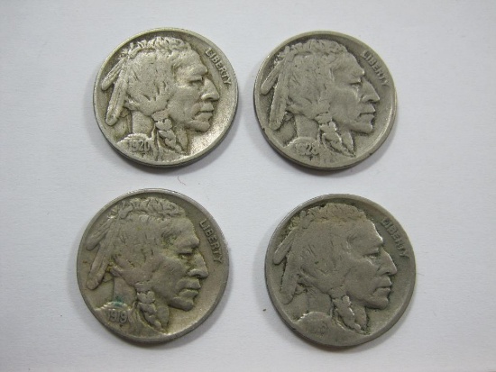 Four Buffalo Nickels, 1920, 1928, 1919 and undated