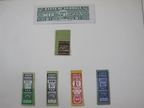 Six State of Georgia Tax Stamps, Beer, Wine, Liquor and Revenue Stamps, hinged
