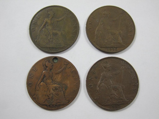 Four British Large Cents, 1917 x2, 1915, 1913