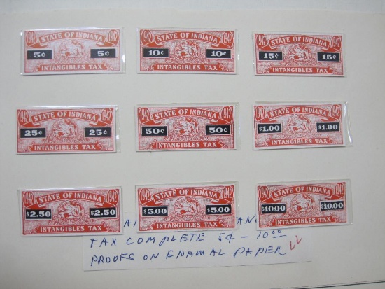 Complete Set of State of Indiana Intangibles Tax Stamps, 5 cent to $10, in individual holders, not