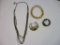 Costume Jewelry Lot: Gold Tone Crescent Moon Belt Buckle, wrap bracelet, and 2 necklaces, see