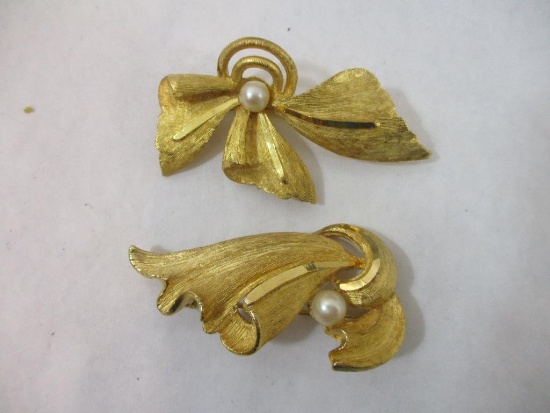 Two Vintage BSK Gold Tone and Faux Pearl Pins, 1 oz