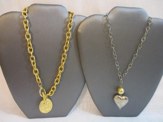 Two Costume Jewelry Necklaces: gold tone E Pendant and silver tone hammered heart, 3 oz