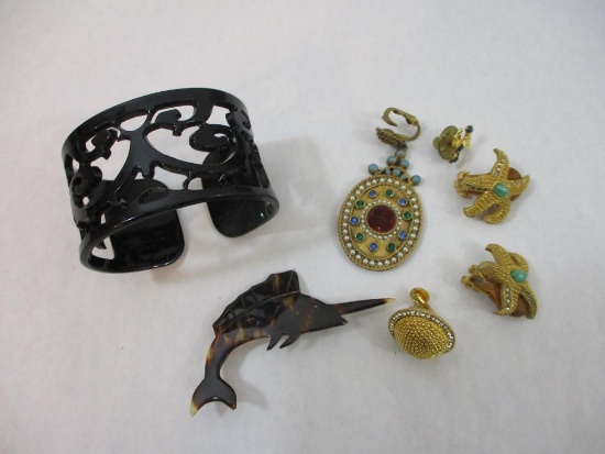 Assorted Costume Jewelry including Tortoise Shell Swordfish Pin, earrings and more, 2 oz