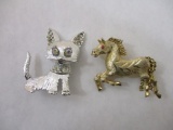 Two Animal Pins: Rhinestone-Studded Dog and Horse, 2 oz