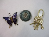 Three Pins/Brooches including cowboy hat, butterfly and vanity, 2 oz