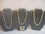 Four Necklaces including faux pearls (one has 14 K Gold clasp) and gold tone F initial pendant, 4 oz