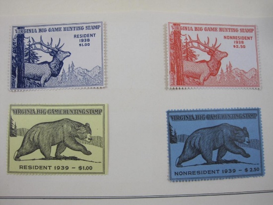 Four Virginia Big Game Hunting Stamps, 1938-1939, Resident and Non-Resident, Hinged