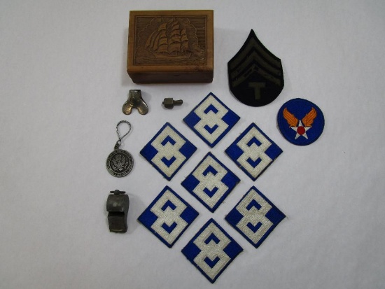 Wooden Box with WW II Shoulder Patches, US Army Second Command and Air Force, Bicentennial Medallion