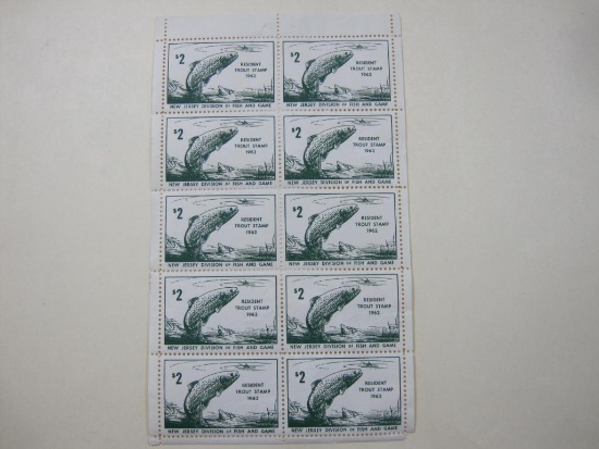 New Jersey Resident Trout Stamps, Pane of Ten, 1962