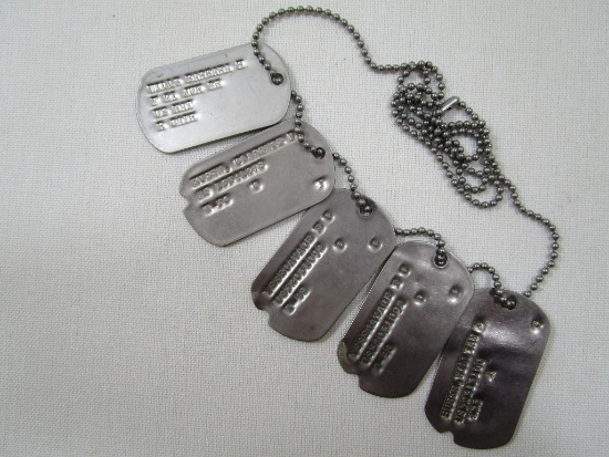 Five US Military Dog Tags, Wills Barbara H, Kuehn Clarence D, Huber William L, and 2 Yesecavage E C