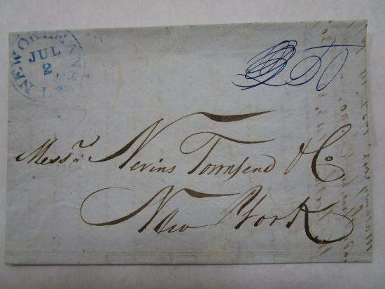 Stampless Cover New Orleans LA to New York NY, July 2 1844, Blue 20 in MS