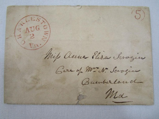 Stampless Cover Charlestown VA to Cumberland MD, Aug 2, Red (5) in Circle