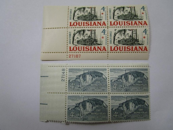 US Postage Stamps Two Blocks of Four, Louisiana 1812-1962 4cent Scott #1197, and The Homestead Act