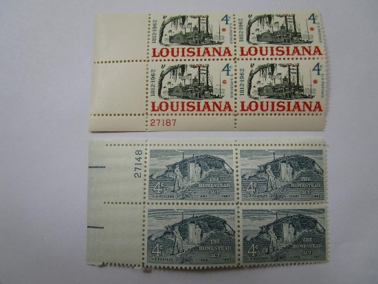 US Postage Stamps Two Blocks of Four, Louisiana 1812-1962 4cent Scott #1197, and The Homestead Act