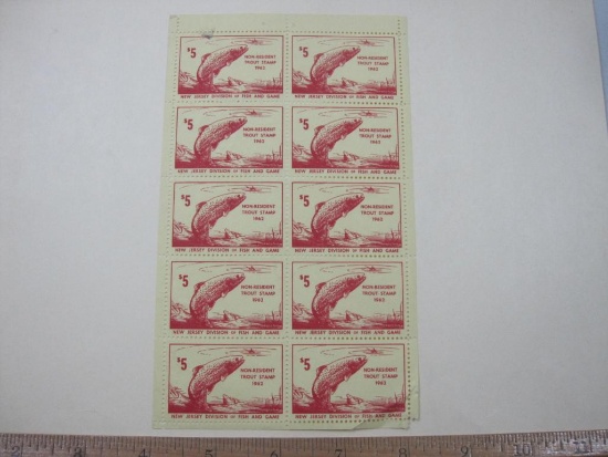 New Jersey Non-Resident Trout Stamp, Plate of Ten, $5, 1962